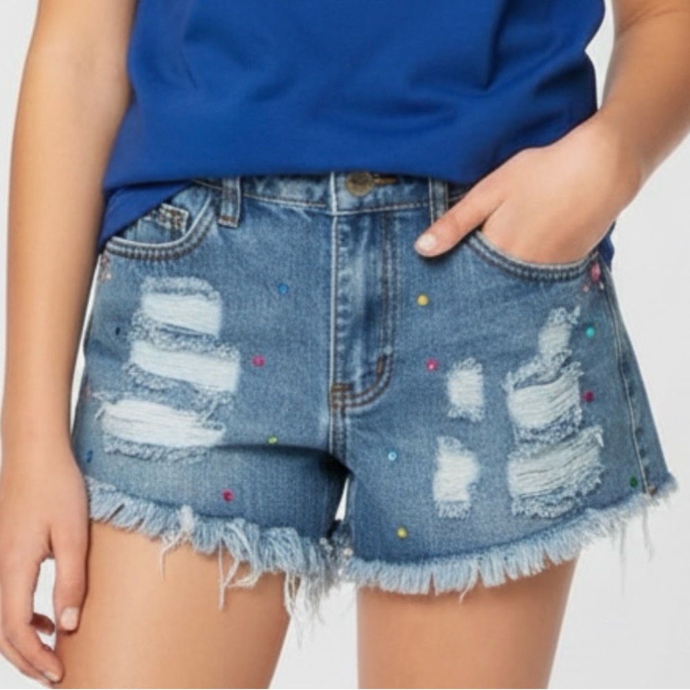 Girls denim cut off shorts w gems.SWIPE